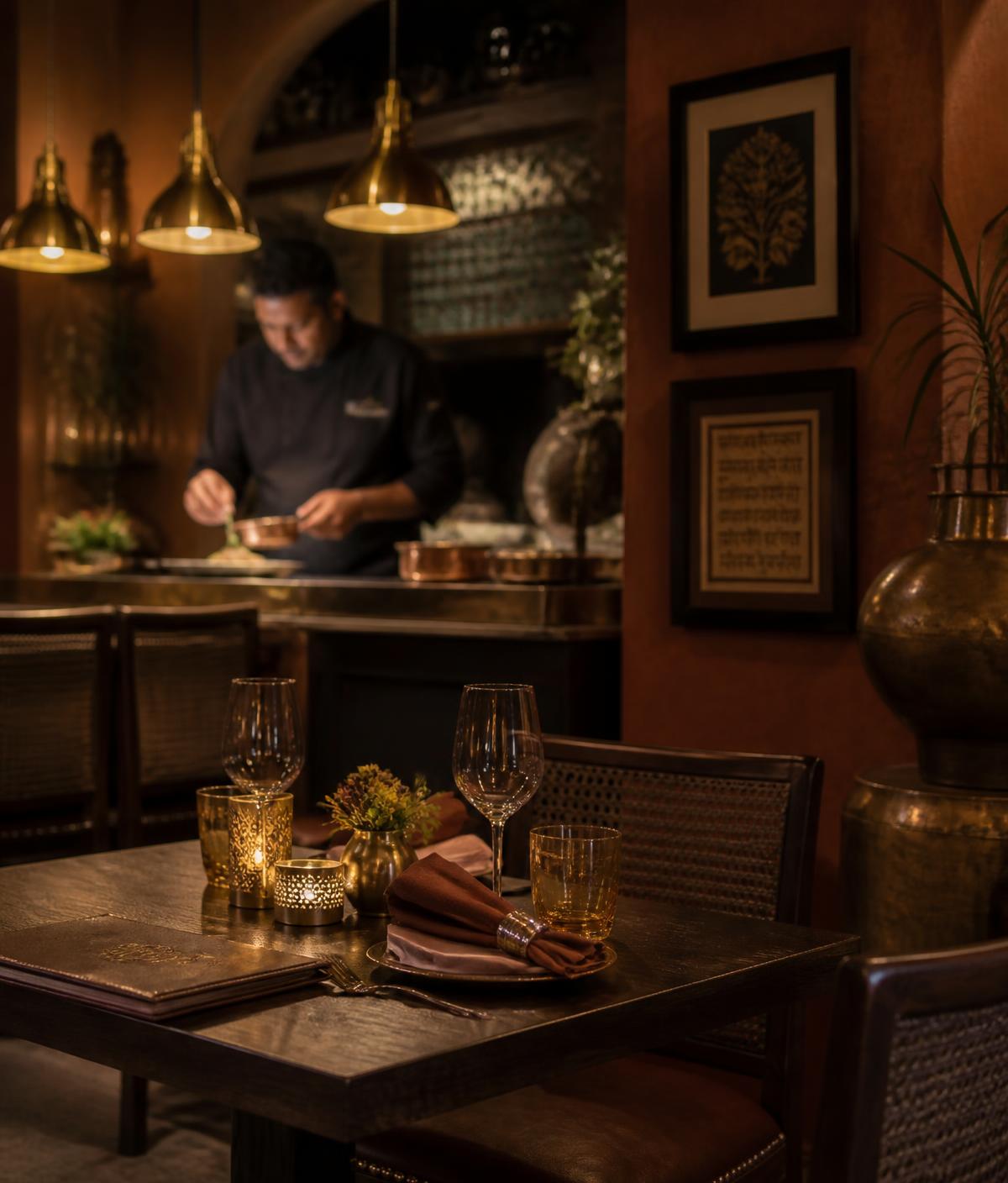 Warm dining room at The Turmeric Kitchen with a chef plating in the background