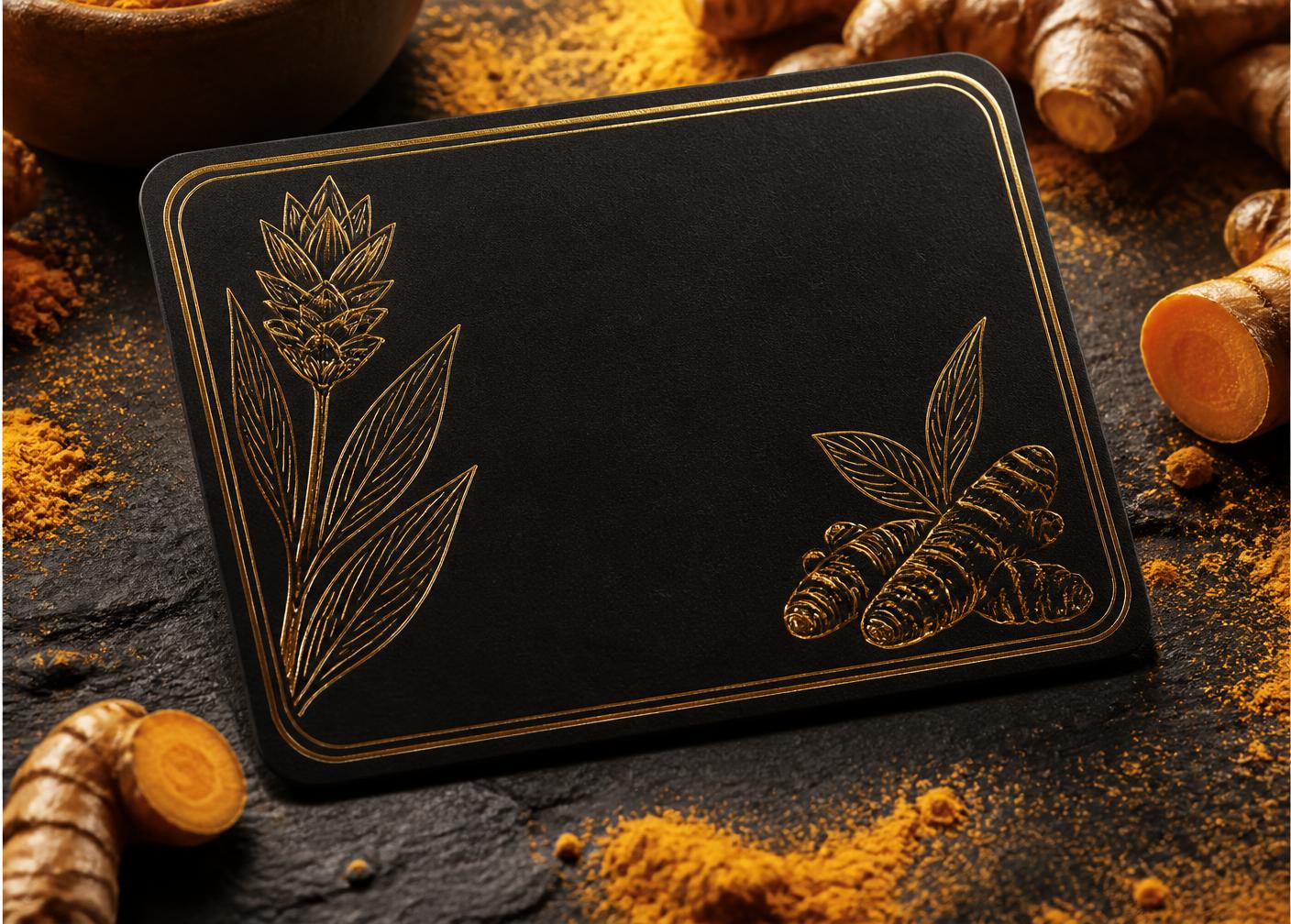 A black and gold Turmeric Kitchen gift card resting on slate with fresh turmeric root